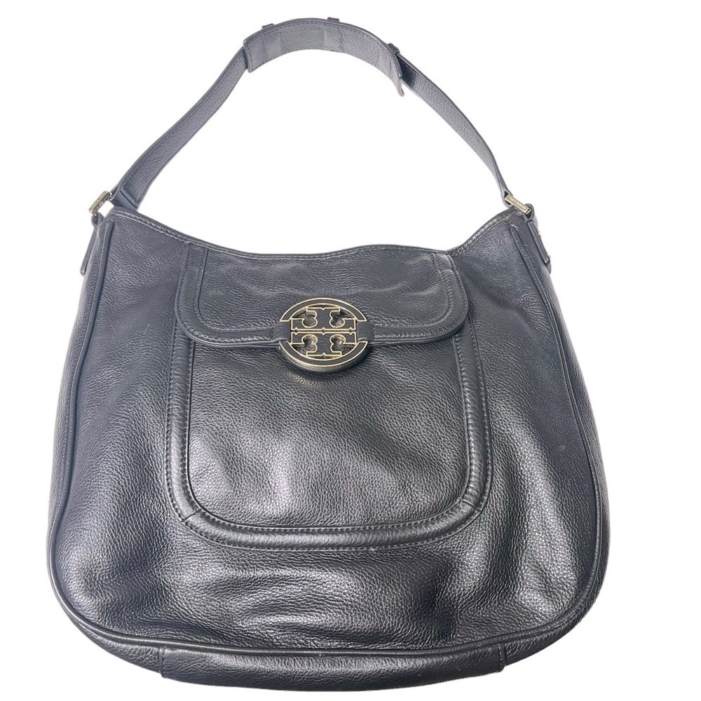 Tory Burch Black‎ Pebble Leather Amanda Flat Hobo Bag